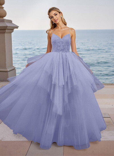 Dreamy V-Neck Spaghetti Straps Lace A-Line Floor-Length Tulle Prom Dresses