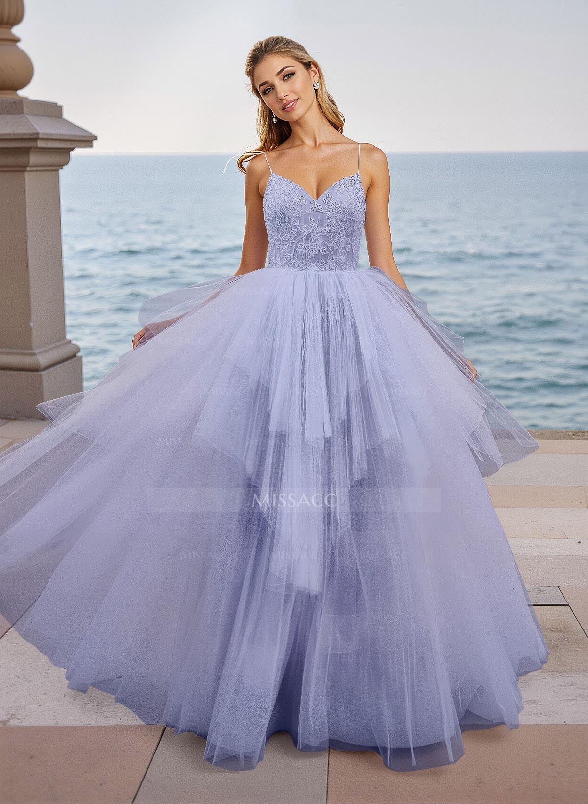 Dreamy V-Neck Spaghetti Straps Lace A-Line Floor-Length Tulle Prom Dresses