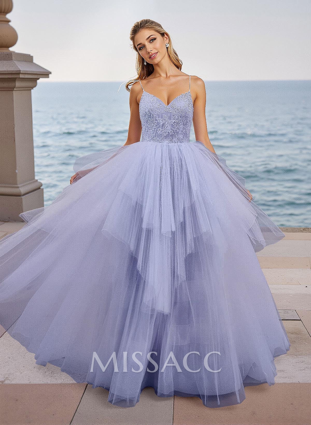 Dreamy V-Neck Spaghetti Straps Lace A-Line Floor-Length Tulle Prom Dresses Dreamy V-Neck Spaghetti Straps Lace A-Line Floor-Length Tulle Prom Dresses