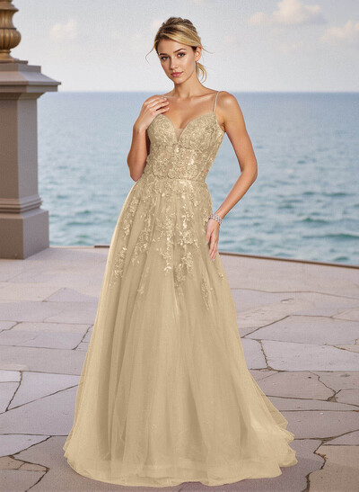 Dreamy V-Neck Lace Illusion Corset A-Line Sweep Train Tulle Prom Dresses