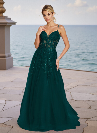 Dreamy V-Neck Lace Illusion Corset A-Line Sweep Train Tulle Prom Dresses