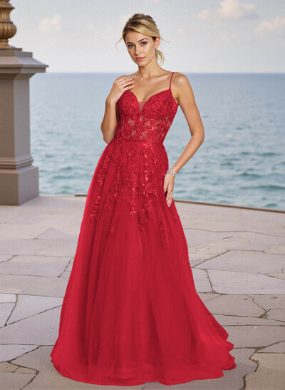 Dreamy V-Neck Lace Illusion Corset A-Line Sweep Train Tulle Prom Dresses