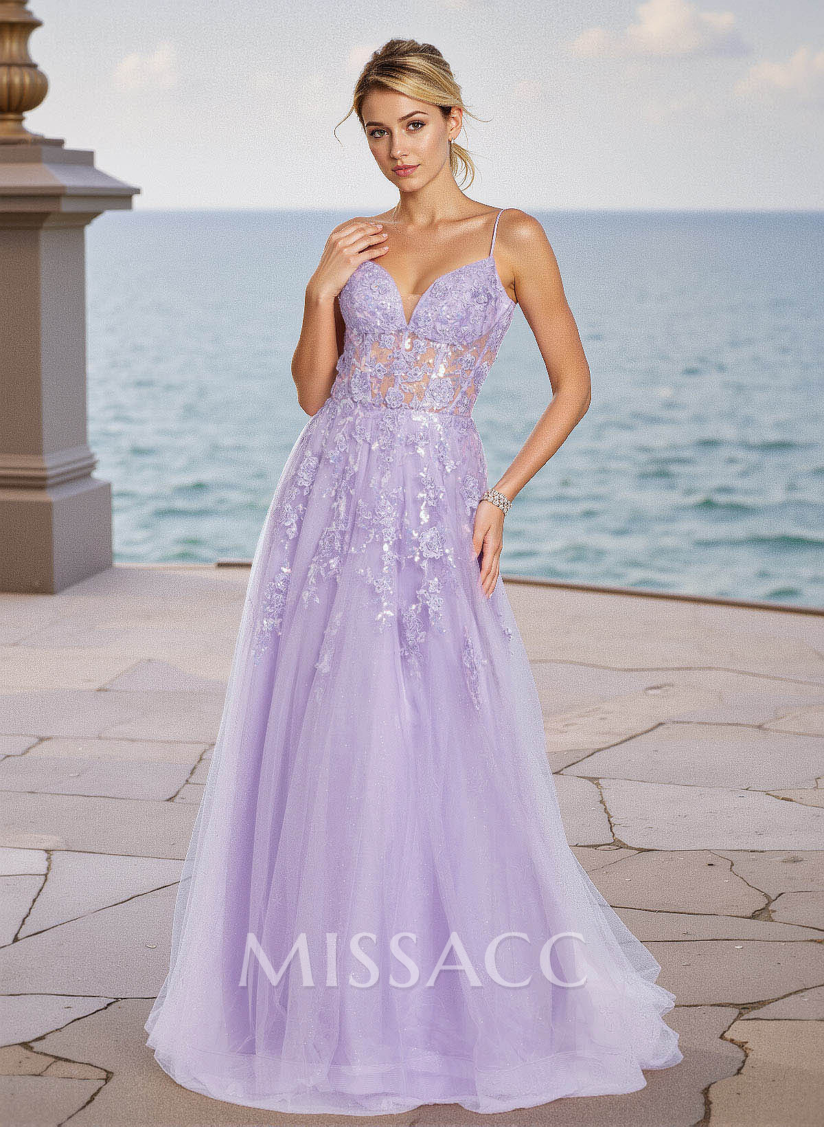 Dreamy V-Neck Lace Illusion Corset A-Line Sweep Train Tulle Prom Dresses Dreamy V-Neck Lace Illusion Corset A-Line Sweep Train Tulle Prom Dresses