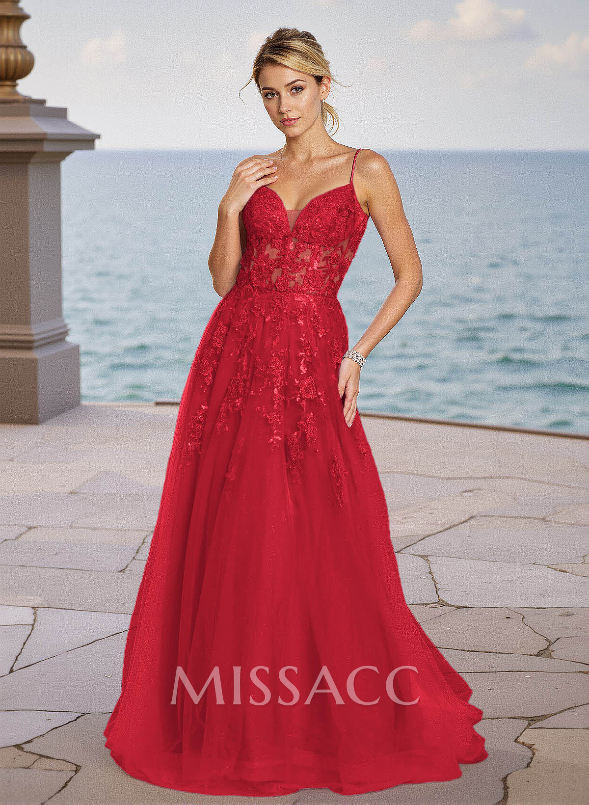 Dreamy V-Neck Lace Illusion Corset A-Line Sweep Train Tulle Prom Dresses