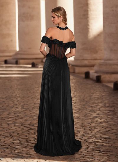 Unique Flower(s) Off-The-Shoulder High Split Sweep Train Silk Like Satin Prom Dresses