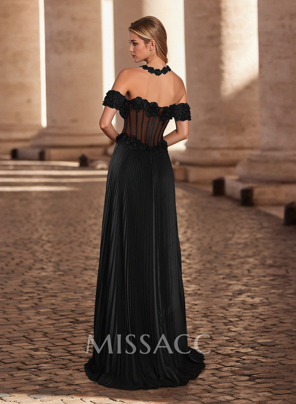 Unique Flower(s) Off-The-Shoulder High Split Sweep Train Silk Like Satin Prom Dresses