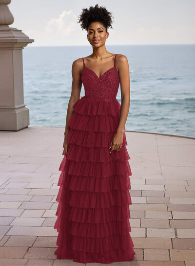 Elegant Lace V-Neck Spaghetti Straps Back Hole Floor-Length Tulle Prom Dresses