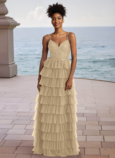 Elegant Lace V-Neck Spaghetti Straps Back Hole Floor-Length Tulle Prom Dresses