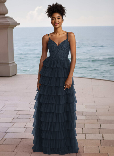 Elegant Lace V-Neck Spaghetti Straps Back Hole Floor-Length Tulle Prom Dresses
