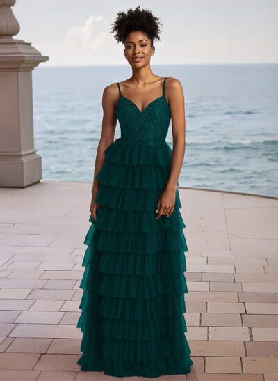 Elegant Lace V-Neck Spaghetti Straps Back Hole Floor-Length Tulle Prom Dresses