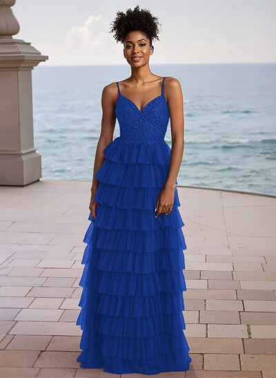 Elegant Lace V-Neck Spaghetti Straps Back Hole Floor-Length Tulle Prom Dresses