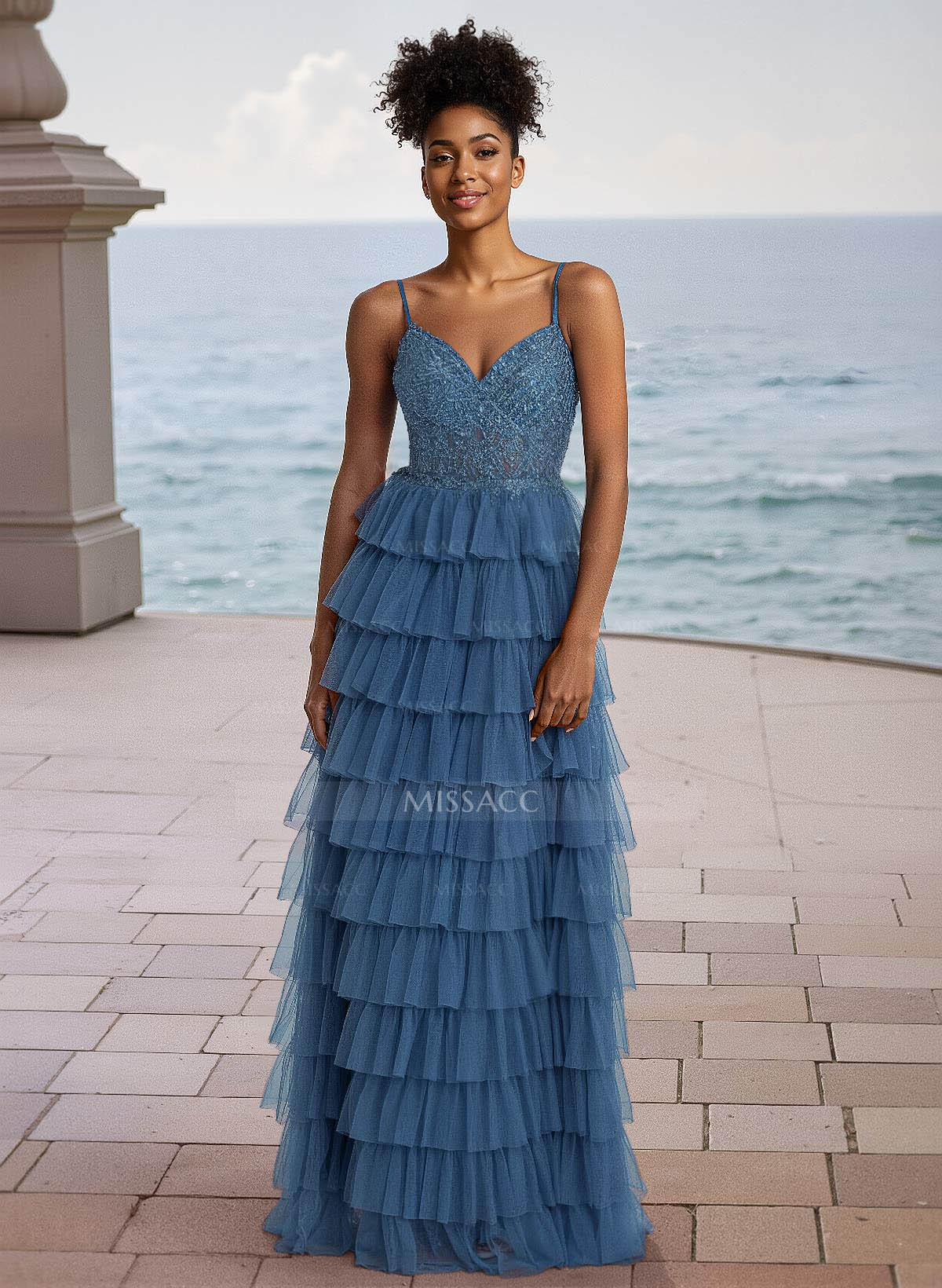 Elegant Lace V-Neck Spaghetti Straps Back Hole Floor-Length Tulle Prom Dresses