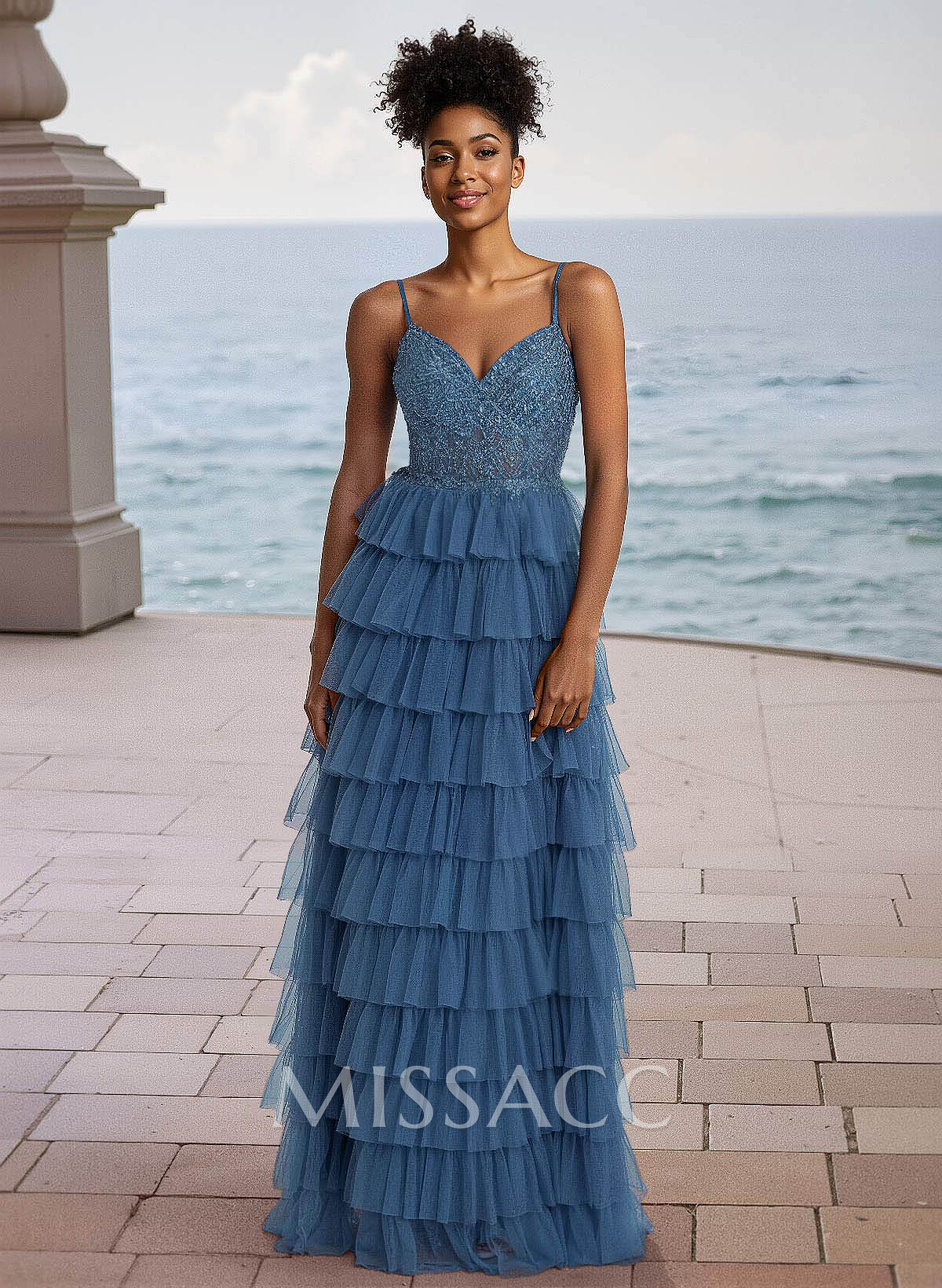 Elegant Lace V-Neck Spaghetti Straps Back Hole Floor-Length Tulle Prom Dresses Elegant Lace V-Neck Spaghetti Straps Back Hole Floor-Length Tulle Prom Dresses