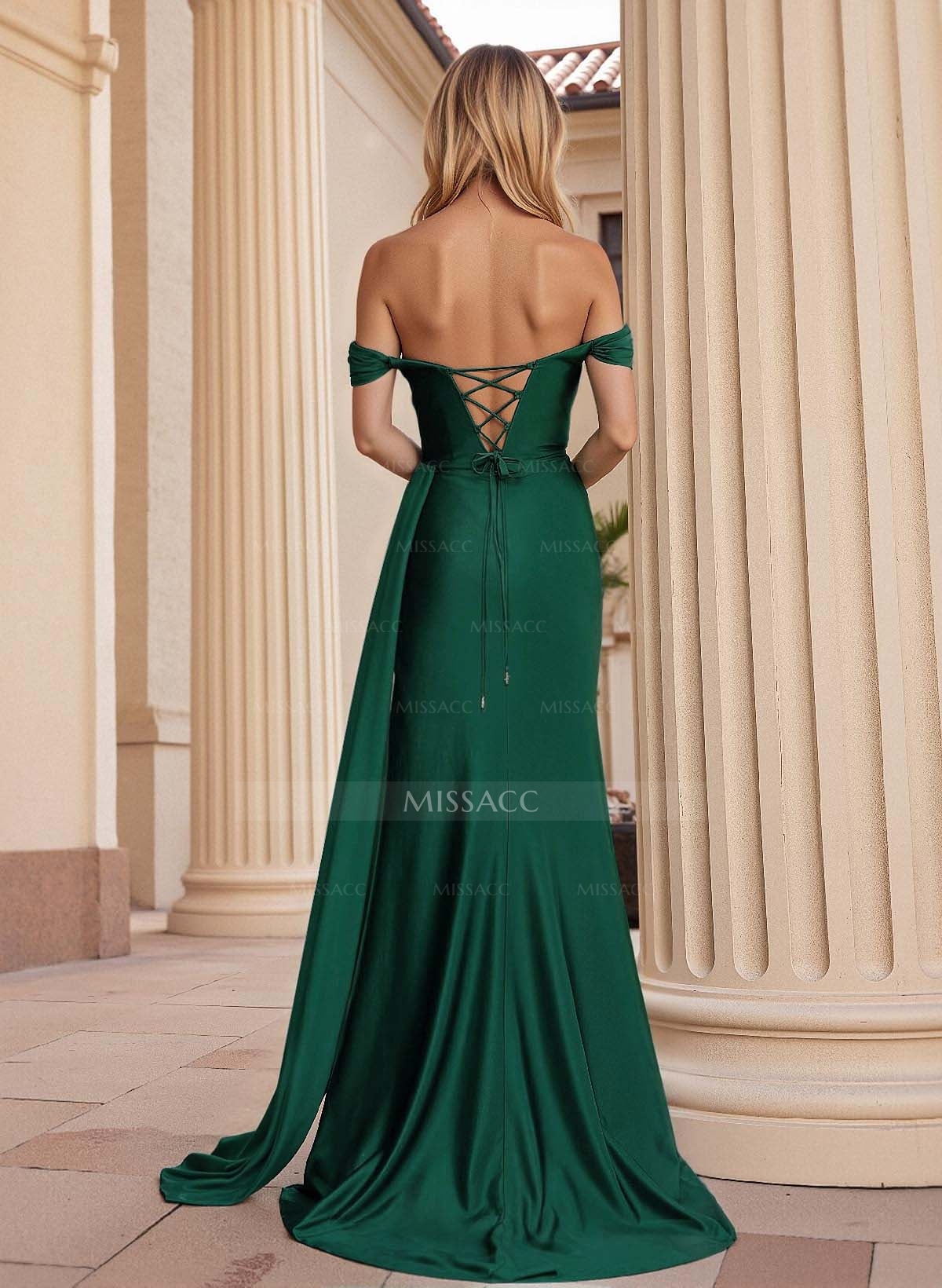 Elegant Sequins Off-The-Shoulder High Split Sweep Train Stretch Satin Prom Dresses