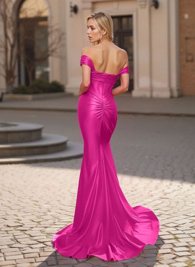 Flattering Off-The-Shoulder Ruched Silk Like Satin Prom Dresses With High Split