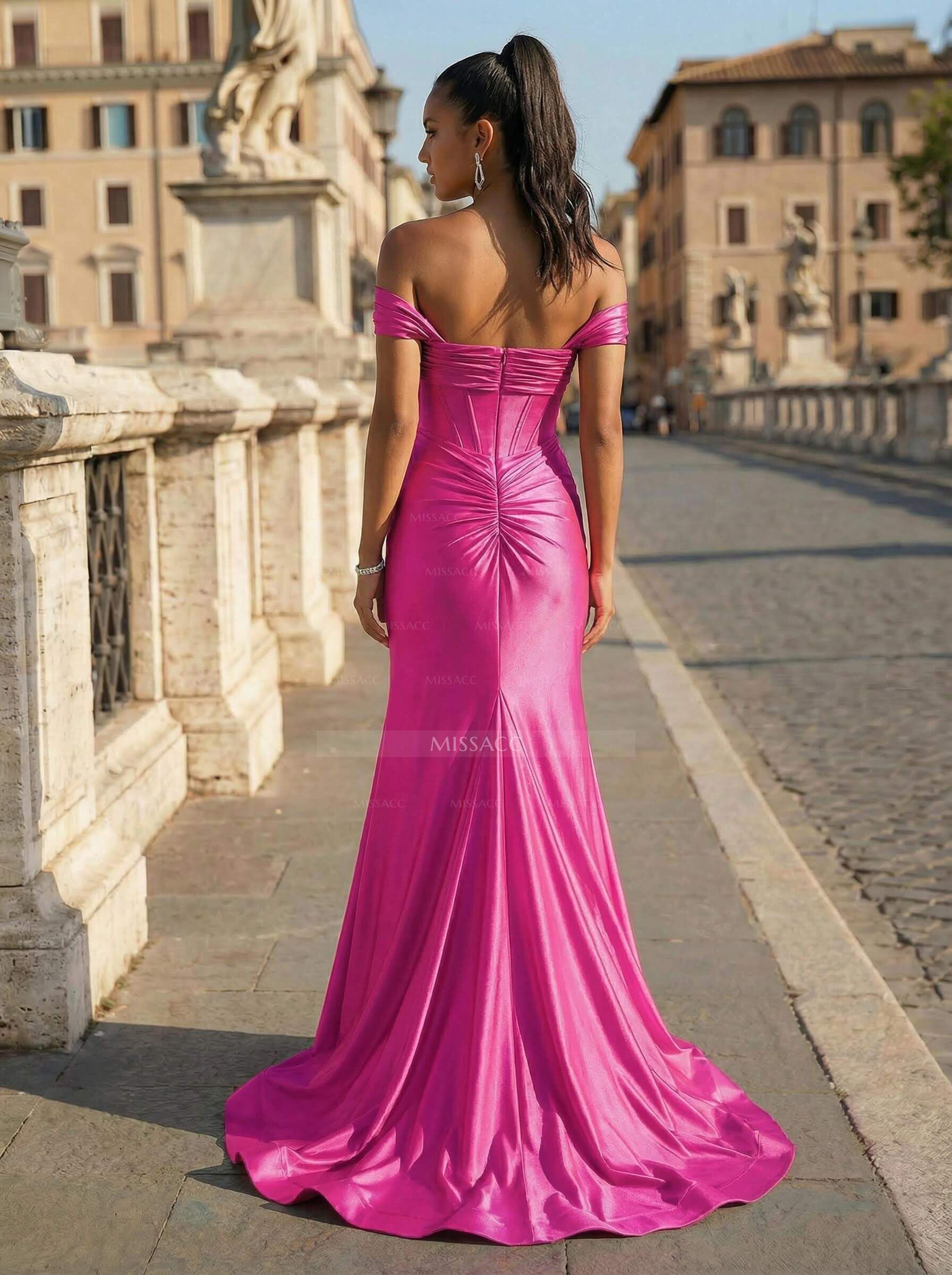 Flattering Off-The-Shoulder Ruched Stretch Satin Knit Prom Dresses With High Split