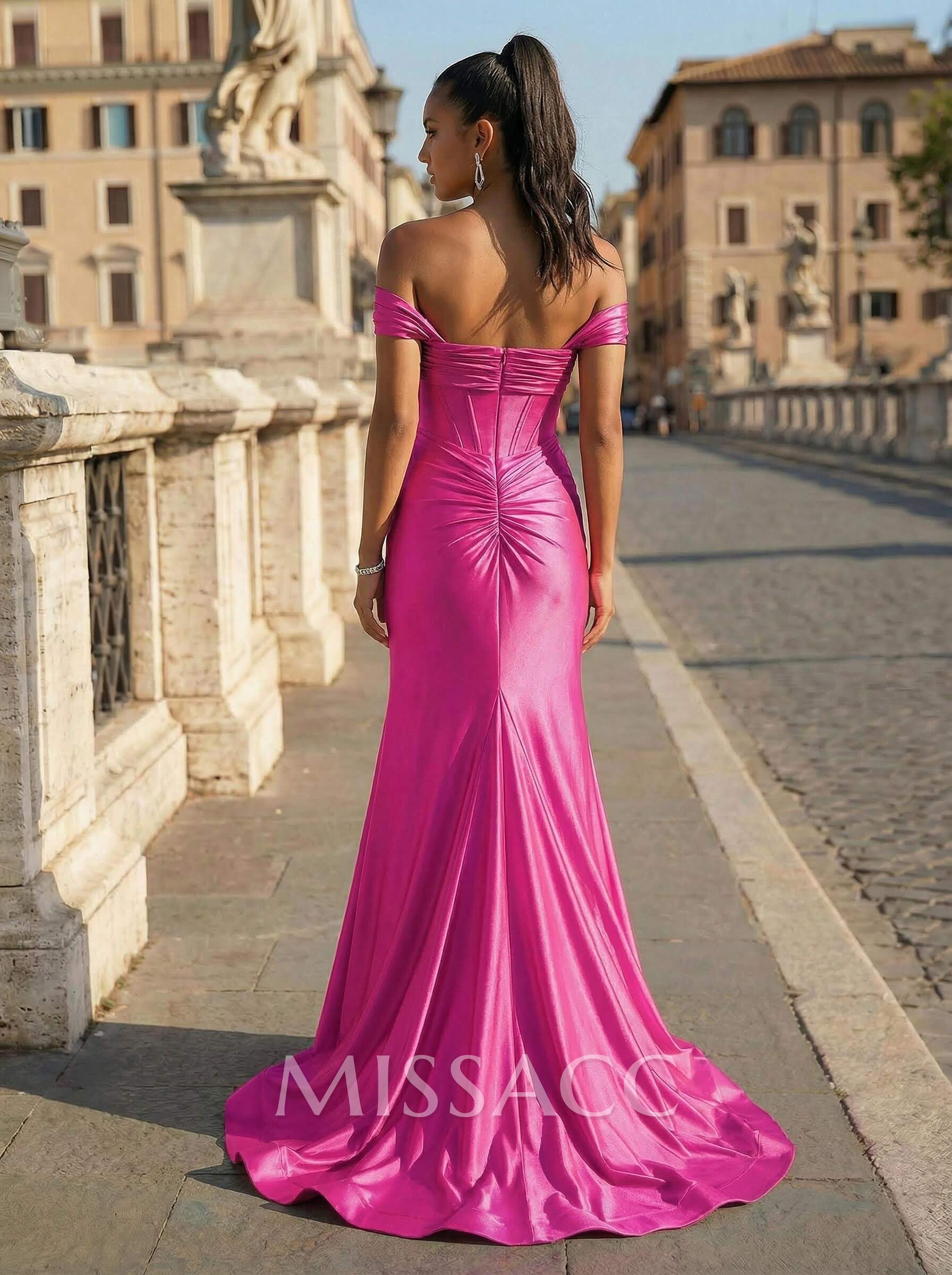 Flattering Off-The-Shoulder Ruched Stretch Satin Knit Prom Dresses With High Split