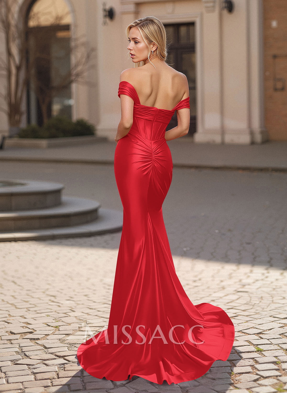 Flattering Off-The-Shoulder Ruched Stretch Satin Knit Prom Dresses With High Split