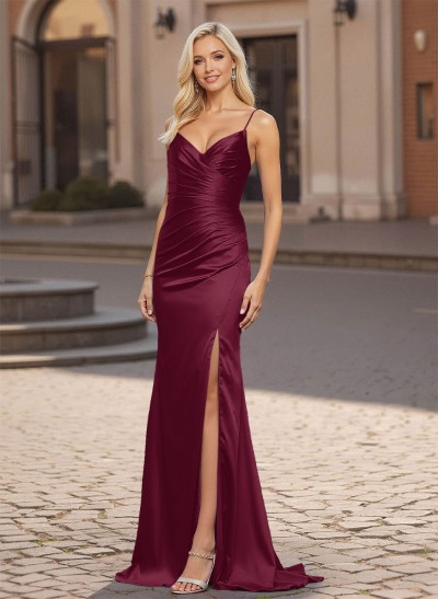 Flattering Spaghetti Straps Silk Like Satin Prom Dresses With High Split