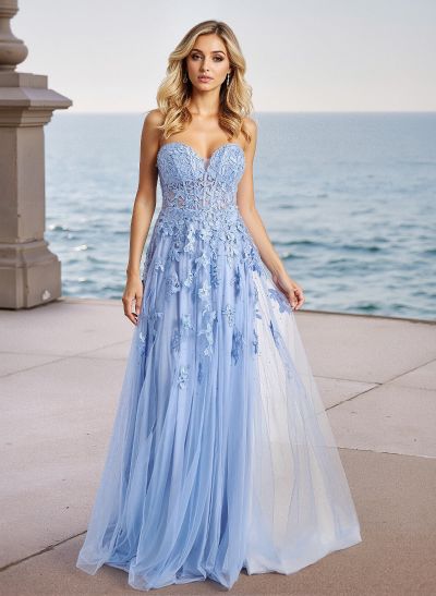 Dreamy Lace Sweetheart Illusion Corset A-Line Sweep Train Tulle Prom Dresses