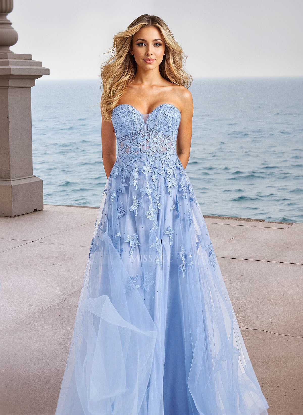 Dreamy Lace Sweetheart Illusion Corset A-Line Sweep Train Tulle Prom Dresses