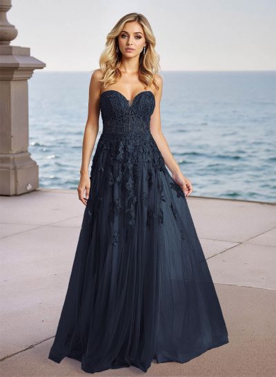 Dreamy Lace Sweetheart Illusion Corset A-Line Sweep Train Tulle Prom Dresses