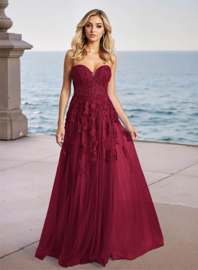 Dreamy Lace Sweetheart Illusion Corset A-Line Sweep Train Tulle Prom Dresses