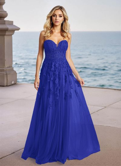 Dreamy Lace Sweetheart Illusion Corset A-Line Sweep Train Tulle Prom Dresses