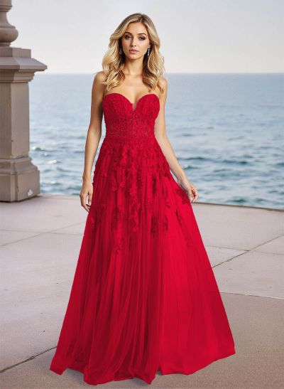 Dreamy Lace Sweetheart Illusion Corset A-Line Sweep Train Tulle Prom Dresses