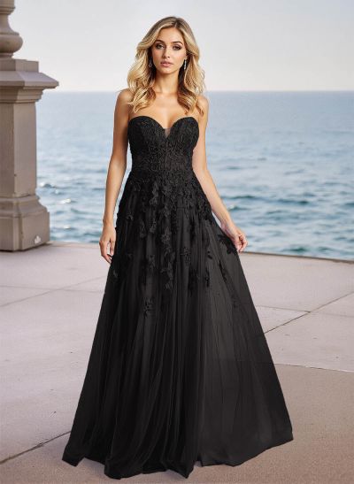 Dreamy Lace Sweetheart Illusion Corset A-Line Sweep Train Tulle Prom Dresses