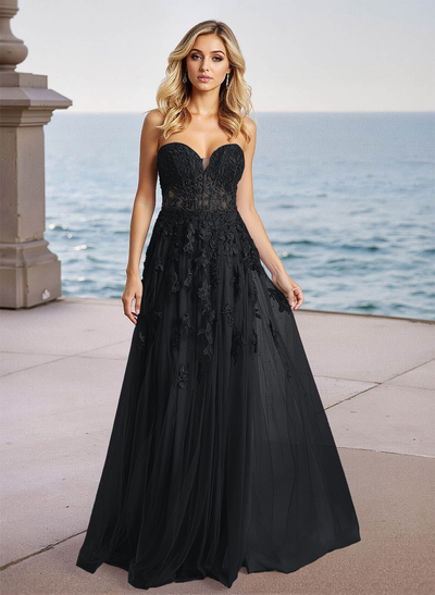 Dreamy Lace Sweetheart Illusion Corset A-Line Sweep Train Tulle Prom Dresses