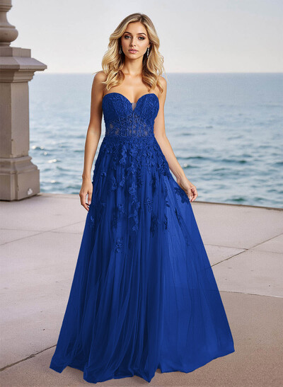 Dreamy Lace Sweetheart Illusion Corset A-Line Sweep Train Tulle Prom Dresses
