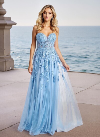 Dreamy Lace Sweetheart Illusion Corset A-Line Sweep Train Tulle Prom Dresses
