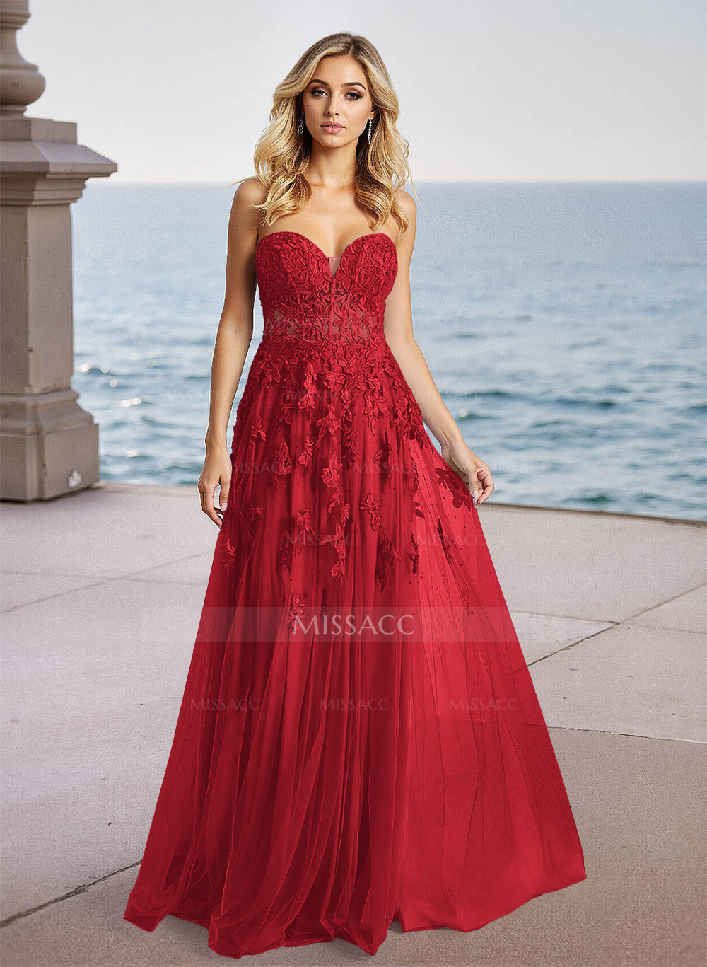 Dreamy Lace Sweetheart Illusion Corset A-Line Sweep Train Tulle Prom Dresses