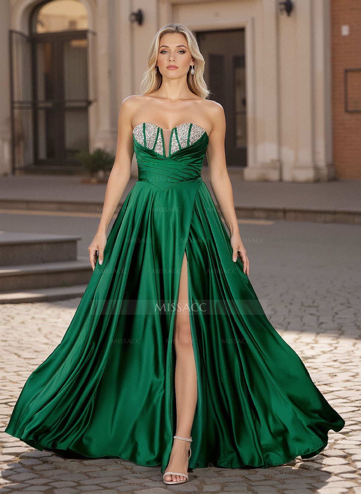 Exquisite A-Line Off-The-Shoulder Detachable Straps Matte Satin Prom Dresses With High Split