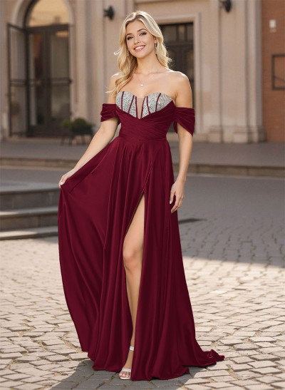Exquisite A-Line Off-The-Shoulder Detachable Straps Matte Satin Prom Dresses With High Split