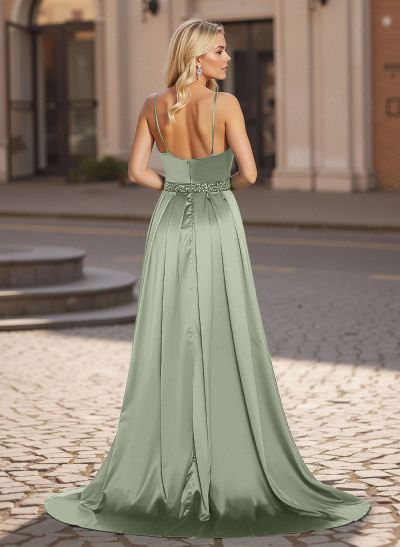 Classic A-Line V-Neck Sleeveless Spaghetti Straps Acetate Satin Prom Dresses With High Split