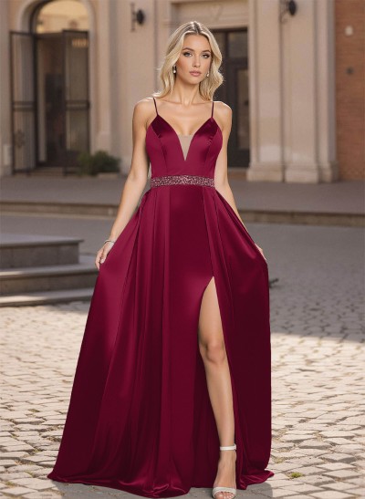 Classic A-Line V-Neck Sleeveless Spaghetti Straps Acetate Satin Prom Dresses With High Split