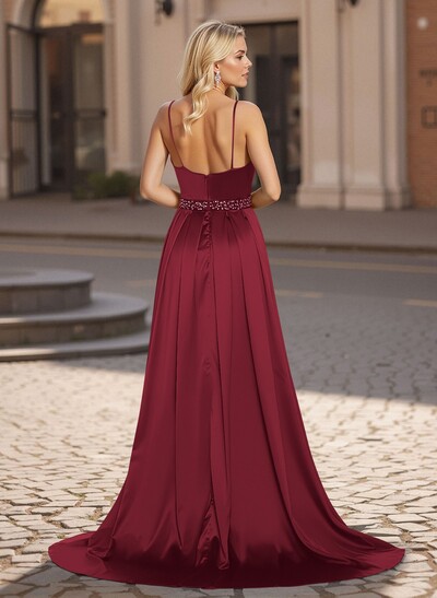 Classic A-Line V-Neck Sleeveless Spaghetti Straps Satin Prom Dresses With High Split