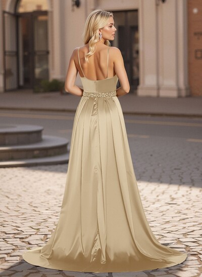 Classic A-Line V-Neck Sleeveless Spaghetti Straps Satin Prom Dresses With High Split