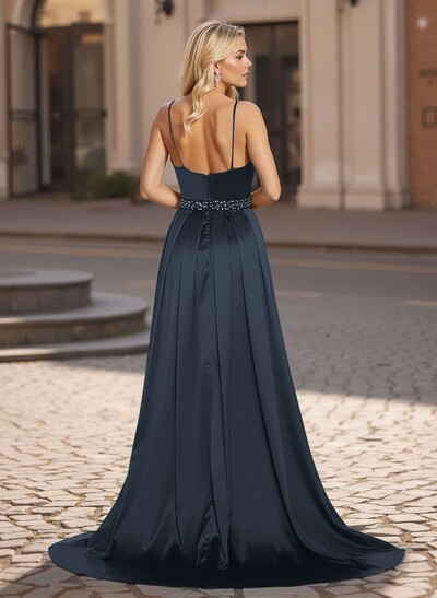 Classic A-Line V-Neck Sleeveless Spaghetti Straps Satin Prom Dresses With High Split