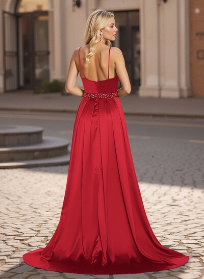 Classic A-Line V-Neck Sleeveless Spaghetti Straps Satin Prom Dresses With High Split