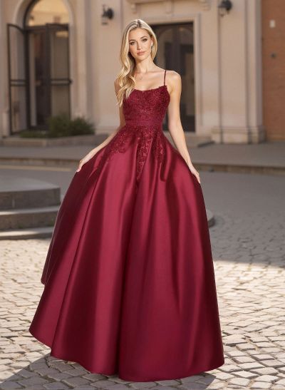 A-Line Scoop Neck Spaghetti Straps Satin Prom Dresses With Lace Applique