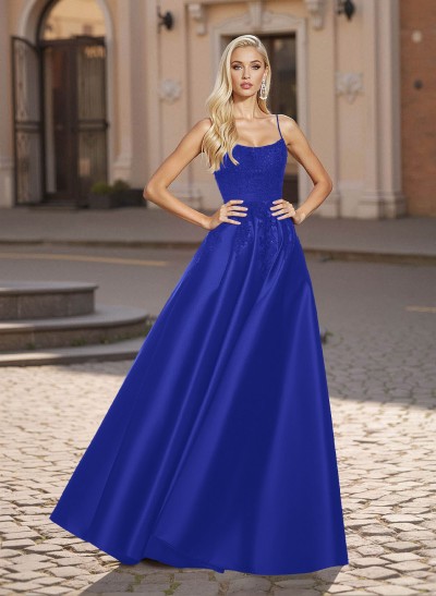 A-Line Scoop Neck Spaghetti Straps Satin Prom Dresses With Lace Applique