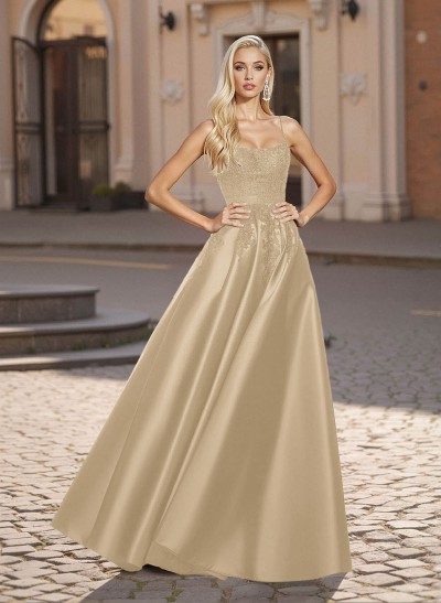 A-Line Scoop Neck Spaghetti Straps Satin Prom Dresses With Lace Applique