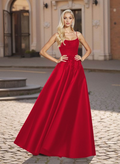 A-Line Scoop Neck Spaghetti Straps Satin Prom Dresses With Lace Applique