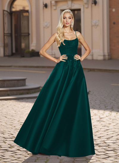 A-Line Scoop Neck Spaghetti Straps Satin Prom Dresses With Lace Applique