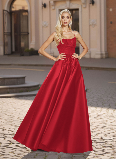 A-Line Scoop Neck Spaghetti Straps Satin Prom Dresses With Lace Applique