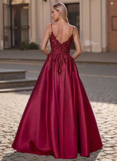 A-Line Scoop Neck Spaghetti Straps Satin Prom Dresses With Lace Applique