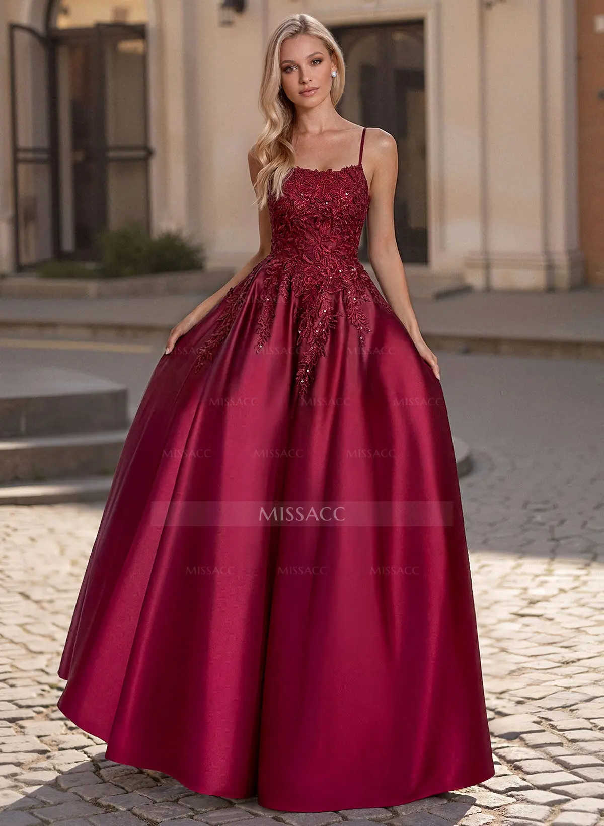 A-Line Scoop Neck Spaghetti Straps Satin Prom Dresses With Lace Applique -  Missacc